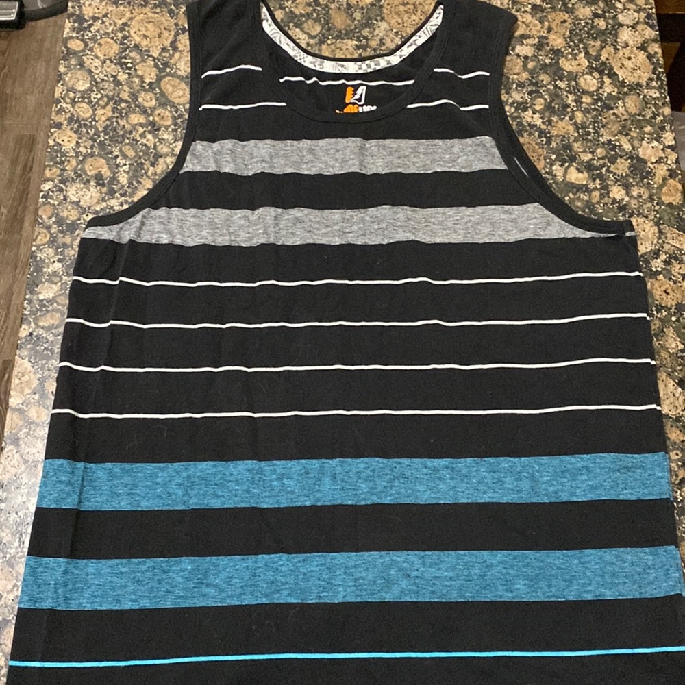 Black tank top with Blue/White/Gray stripes